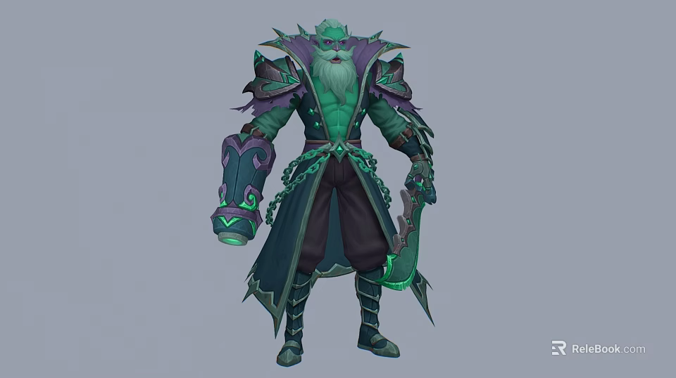 Fantasy Man In Green And Purple Armor With Glowing Accents And Long Robes 3d model 