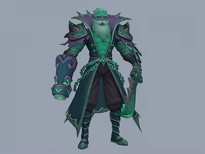 Fantasy Man In Green And Purple Armor With Glowing Accents And Long Robes 3d model
