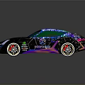 Black Sports Car with Colorful Neon Effects Intricate Patterns Illuminated Wheels and Dark Background Reflections