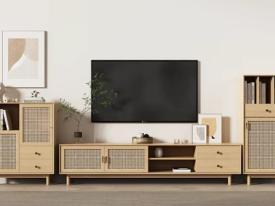 Natural Wooden TV Stand With Storage Drawers TV And Decorative Plant 3d model