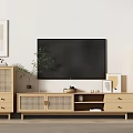 Natural Wooden TV Stand With Storage Drawers TV And Decorative Plant