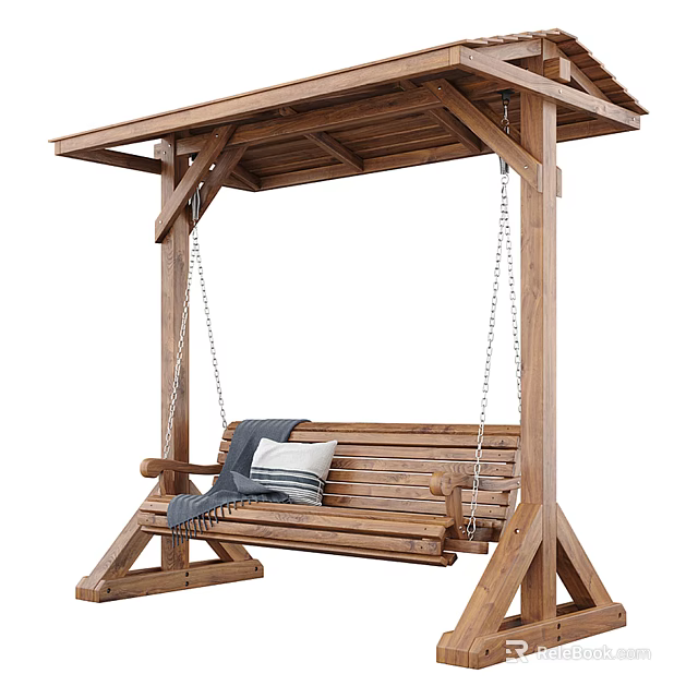 Wooden Outdoor Porch Swing Bench with Canopy Roof and Cozy Blanket Pillow 3d model 