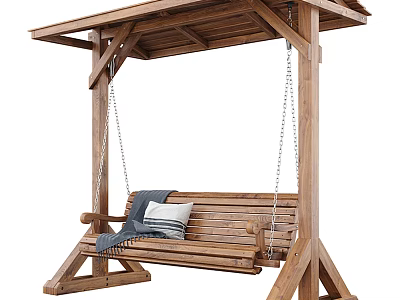 Wooden Outdoor Porch Swing Bench with Canopy Roof and Cozy Blanket Pillow 3d model