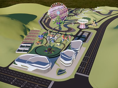 Fun Children's Play Area With Ferris Wheel Carousel Green Space And Modern Buildings 3d model