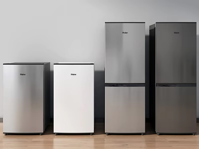 Stylish Modern Refrigerators And Freezers In Silver White Colors On Wooden Floor 3d model