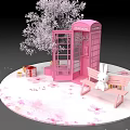 Pink Telephone Booth With White Flower Tree Pink Bench Rabbit Doll Petals And Gift Boxes