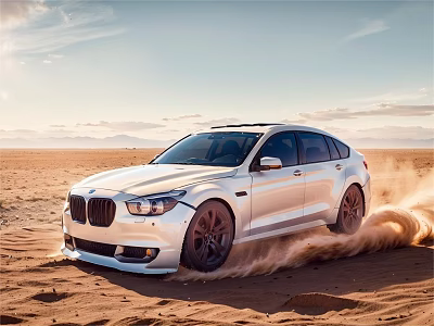 White BMW SUV Driving in Desert Kicking Up Dust with Blue Sky and Distant Mountains 3d model