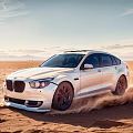 White BMW SUV Driving in Desert Kicking Up Dust with Blue Sky and Distant Mountains