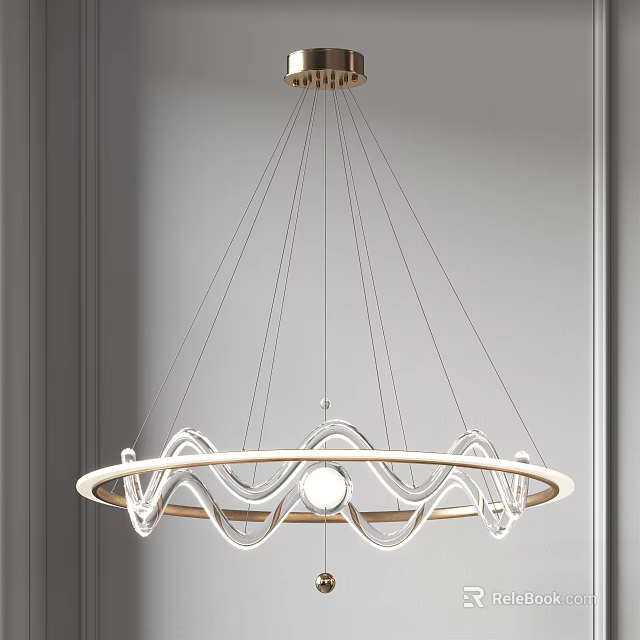 Modern Wavy Circular Chandelier with Hanging Wires and Central Light Source 3d model