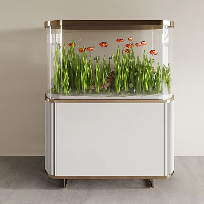 Modern Fish Tank with Red Fish Green Aquatic Plants on White Cabinet with Golden Trim 3d model