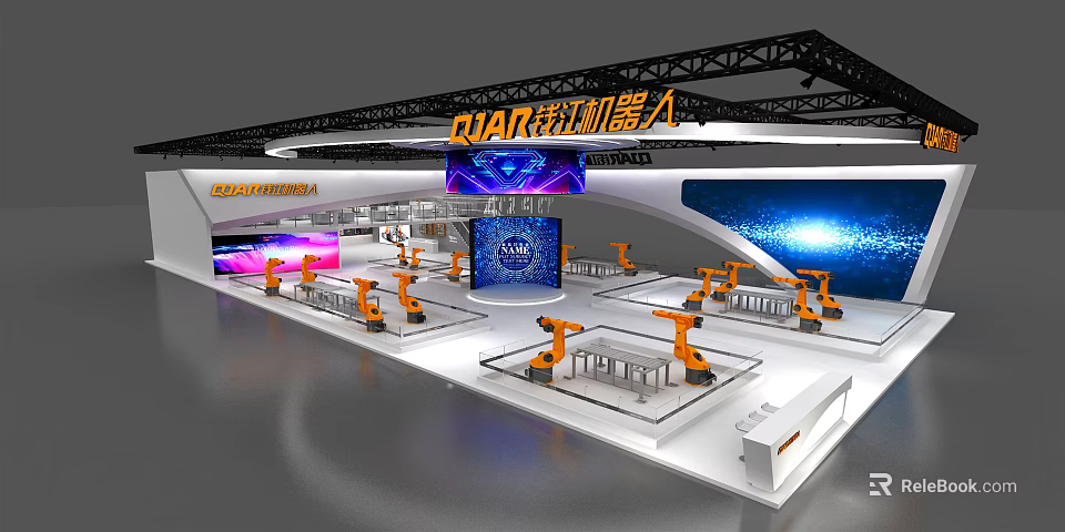 QRAR Exhibition Booth Showcasing Multiple Orange Robotic Arms And Brand Signage 3d model 