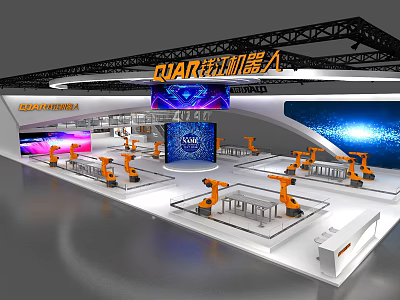 QRAR Exhibition Booth Showcasing Multiple Orange Robotic Arms And Brand Signage 3d model