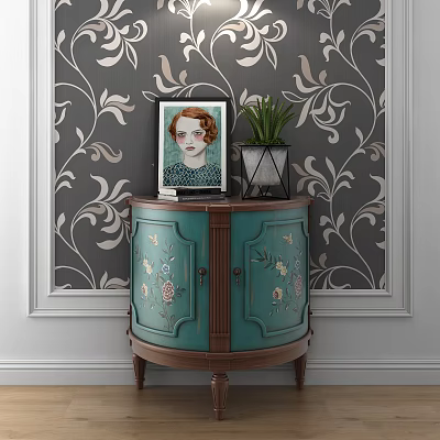 Teal Bedside Cabinet With Floral Patterns Framed Picture And Potted Plant Against Patterned Wallpaper 3d model