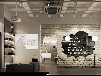 Modern Specialty Store Interior With Brick Wall Display Shelves And Seating Area 3d model