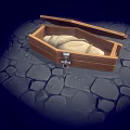 Wooden Box With White Wrapped Object And Wooden Stick On Stone Pavement
