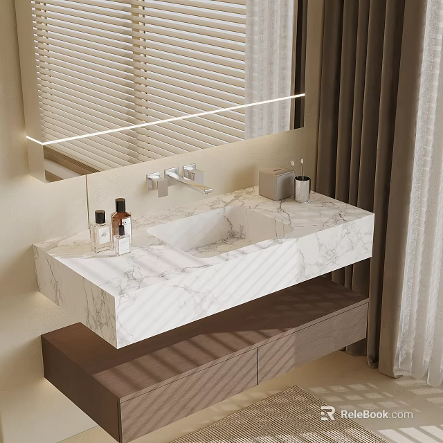 Elegant Marble Washbasin With Backlit Mirror Faucet And Toiletries On Wooden Cabinet 3d model 