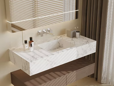 Elegant Marble Washbasin With Backlit Mirror Faucet And Toiletries On Wooden Cabinet 3d model