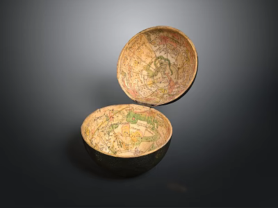 Vintage Map Decorative Bowls In Open And Closed Positions With Detailed Patterns 3d model