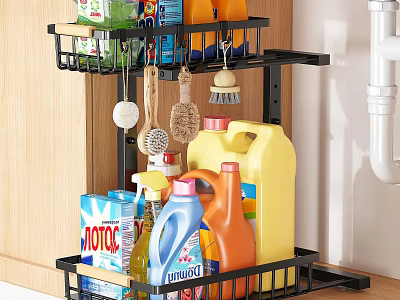 Practical Black Metal Under Sink Kitchen Storage Rack With Cleaning Supplies And Hanging Tools 3d model