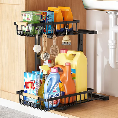 Practical Black Metal Under Sink Kitchen Storage Rack With Cleaning Supplies And Hanging Tools 3d model
