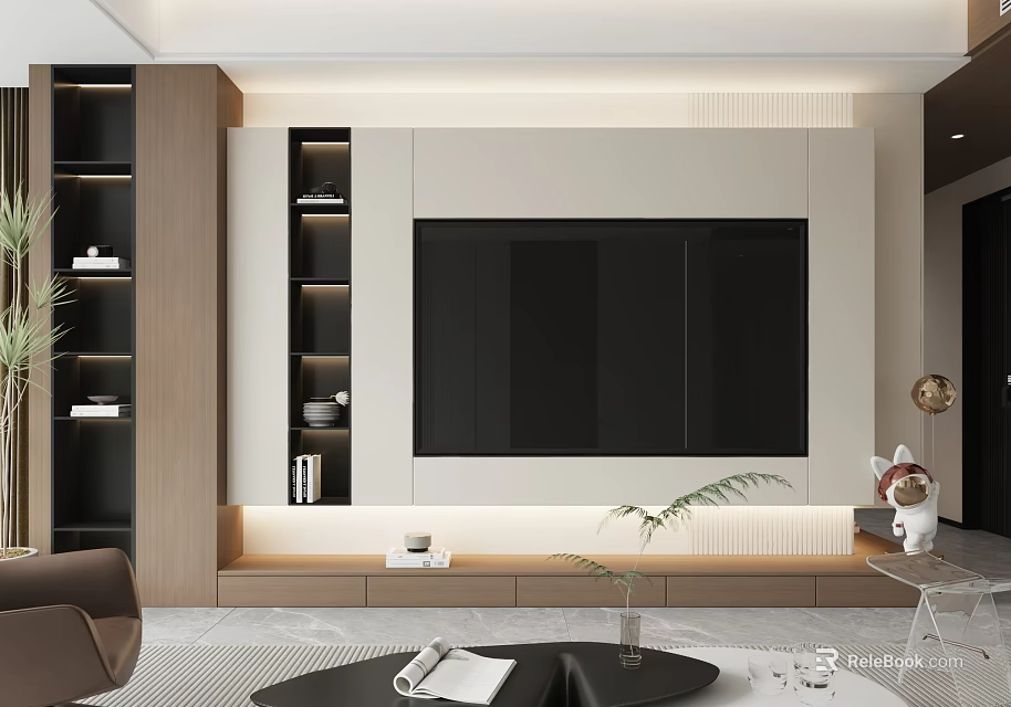 Modern TV Background Cabinet With Large Screen Open Shelves And Storage Drawers 3d model 