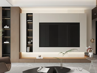 Modern TV Background Cabinet With Large Screen Open Shelves And Storage Drawers 3d model