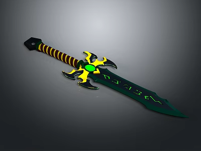 Mythical Green Sword With Yellow Hilt Guard Striped Handle Glowing Gem And Runes 3d model