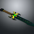 Mythical Green Sword With Yellow Hilt Guard Striped Handle Glowing Gem And Runes