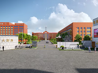 University Campus Entrance Gate with Red Brick Buildings Plaza and Blue Sky 3d model