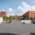 University Campus Entrance Gate with Red Brick Buildings Plaza and Blue Sky