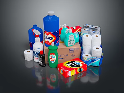 Essential Bathroom Accessories With Cleaning Products Tissue Rolls Spray Bottles and Bleach for Daily Use 3d model