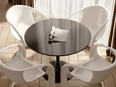 Modern Dining Table and Chair Combination Dining Table and Chair Wood Floor Curtain Gauze Curtain 3d model