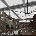 Modern Restaurant Interior Design With Hanging Chandeliers Wooden Dining Tables Shelves And Green Plants