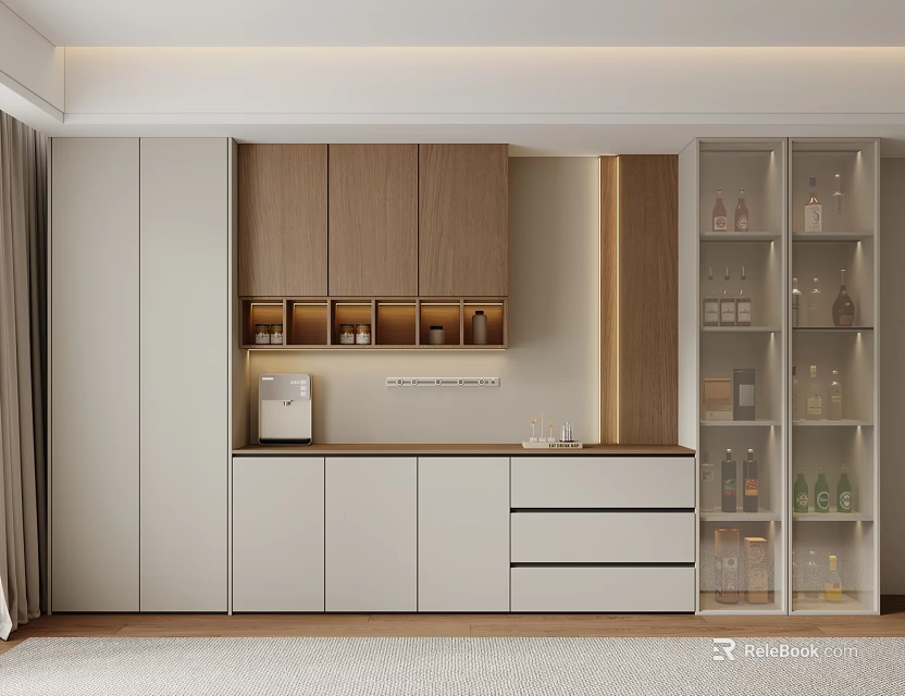 Modern Wooden And White Sideboard With Drawers Cabinets Glass Door Storage In Contemporary Interior 3d model 