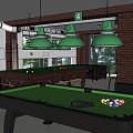 Spacious Billiard Room With Green Felt Tables Hanging Lights And Large Windows