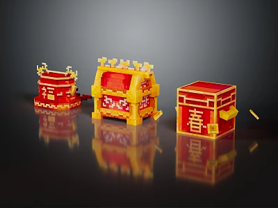 Red And Yellow Building Block Decorative Ornament Set With Traditional Chinese Spring Character Patterns 3d model