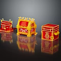 Red And Yellow Building Block Decorative Ornament Set With Traditional Chinese Spring Character Patterns