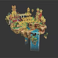 Cartoon Scene Of Floating Island With Colorful Castles Buildings Trees And Waterfall