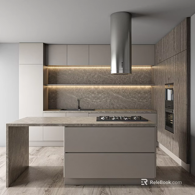 Contemporary Kitchen Interior With Marble Island Counter And Wooden Cabinets Under Lighting 3d model 