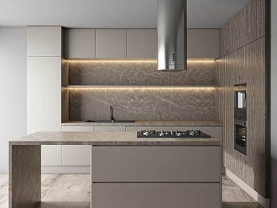 Contemporary Kitchen Interior With Marble Island Counter And Wooden Cabinets Under Lighting 3d model
