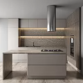Contemporary Kitchen Interior With Marble Island Counter And Wooden Cabinets Under Lighting