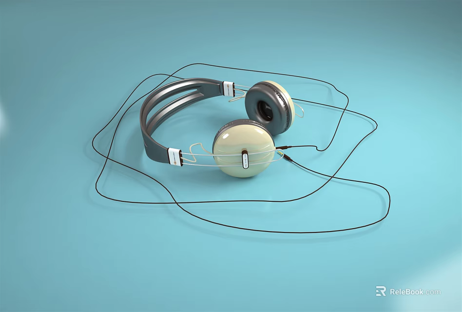 Modern Headphones with Gray Headband and Beige Earcups on Light Blue Background with Black Cables 3d model 