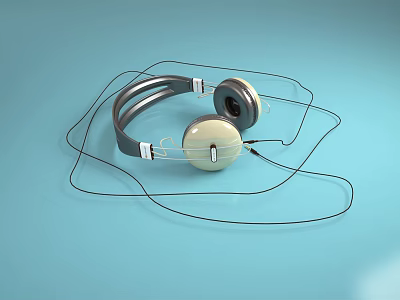 Modern Headphones with Gray Headband and Beige Earcups on Light Blue Background with Black Cables 3d model