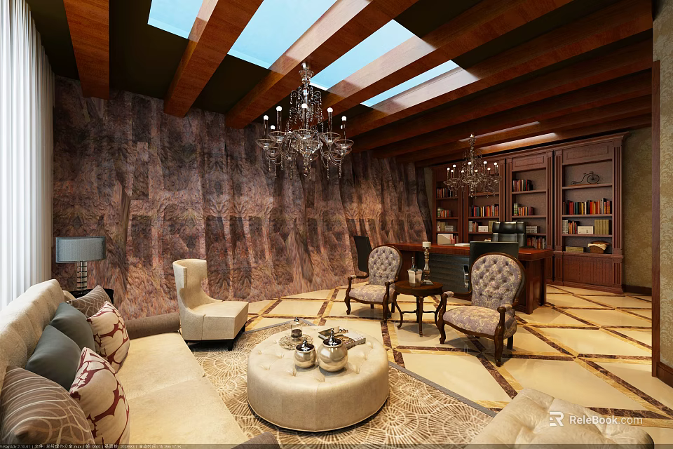 Elegant Office Interior With Wooden Ceiling Skylights Chandeliers Armchairs And Round Coffee Table 3d model 