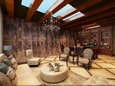 Elegant Office Interior With Wooden Ceiling Skylights Chandeliers Armchairs And Round Coffee Table 3d model