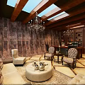 Elegant Office Interior With Wooden Ceiling Skylights Chandeliers Armchairs And Round Coffee Table