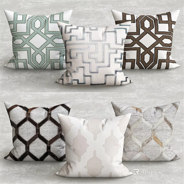 Modern Throw Pillows With Geometric Patterns In Green Brown Gray White Fabric 3d model 