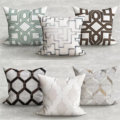 Modern Throw Pillows With Geometric Patterns In Green Brown Gray White Fabric 3d model
