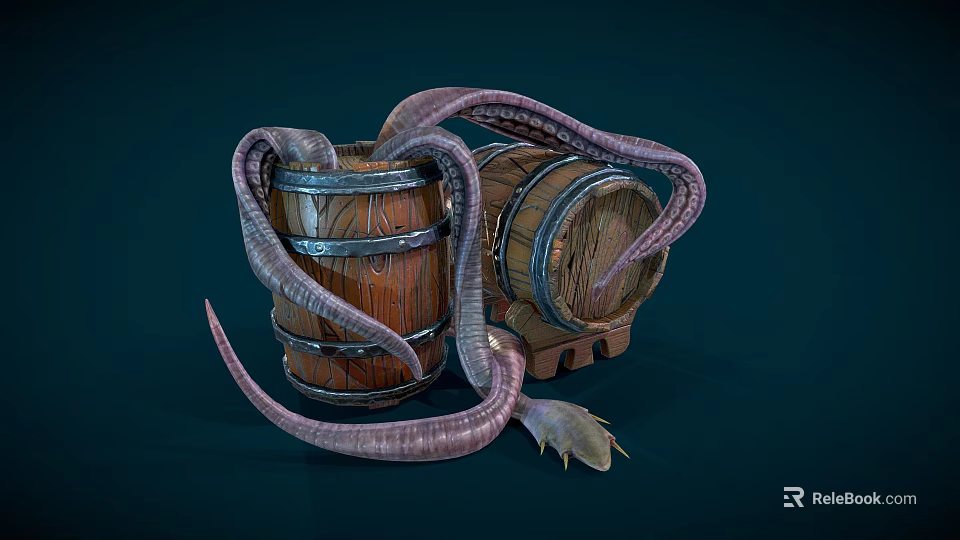 Cartoon Scene With Wooden Barrels And Purple Curled Tentacles Creature 3d model 