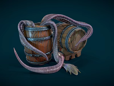 Cartoon Scene With Wooden Barrels And Purple Curled Tentacles Creature 3d model
